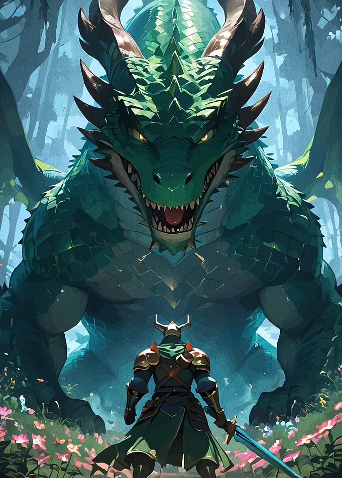 Knight facing giant green dragon