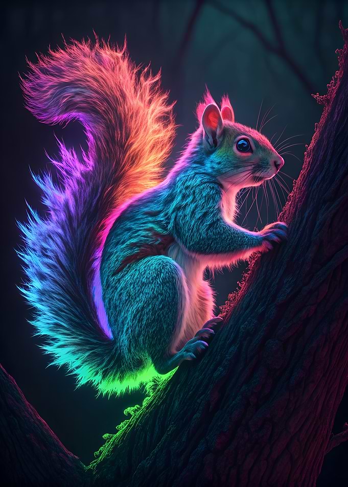 Neon Squirrel Climbing Tree