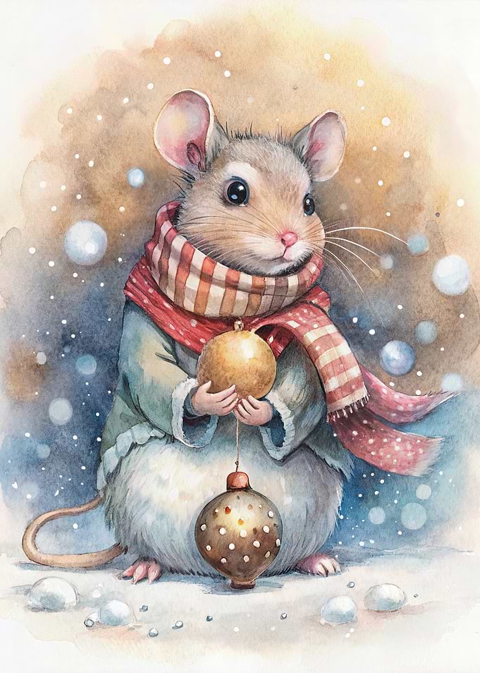 Watercolor Mouse with Christmas Ornaments