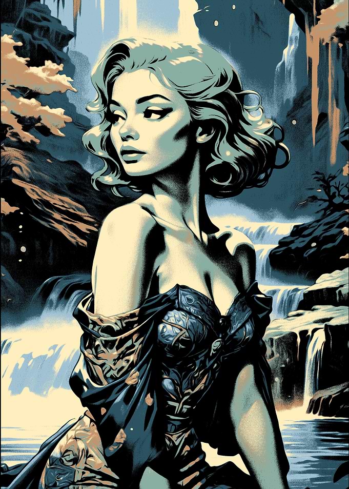 Woman in Waterfall Landscape Art