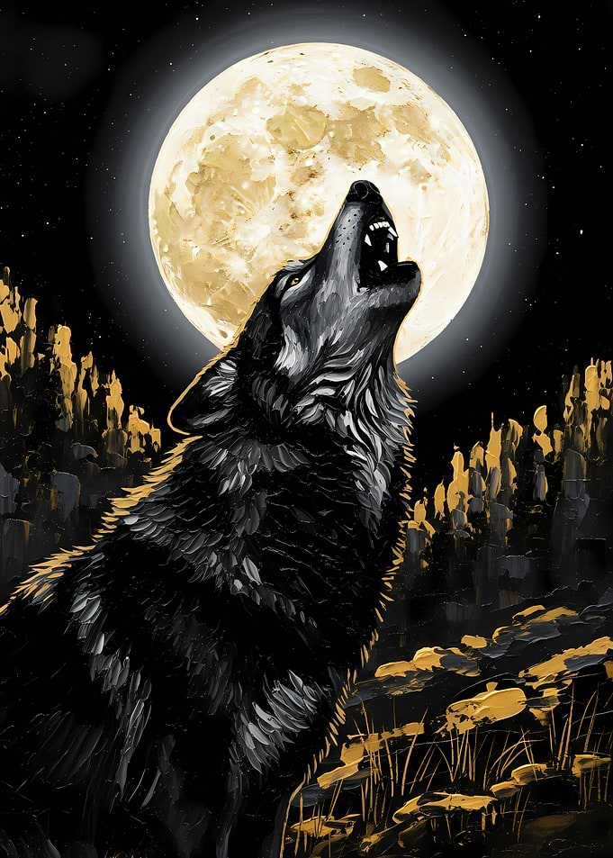 Wolf Howling at the Moon Painting