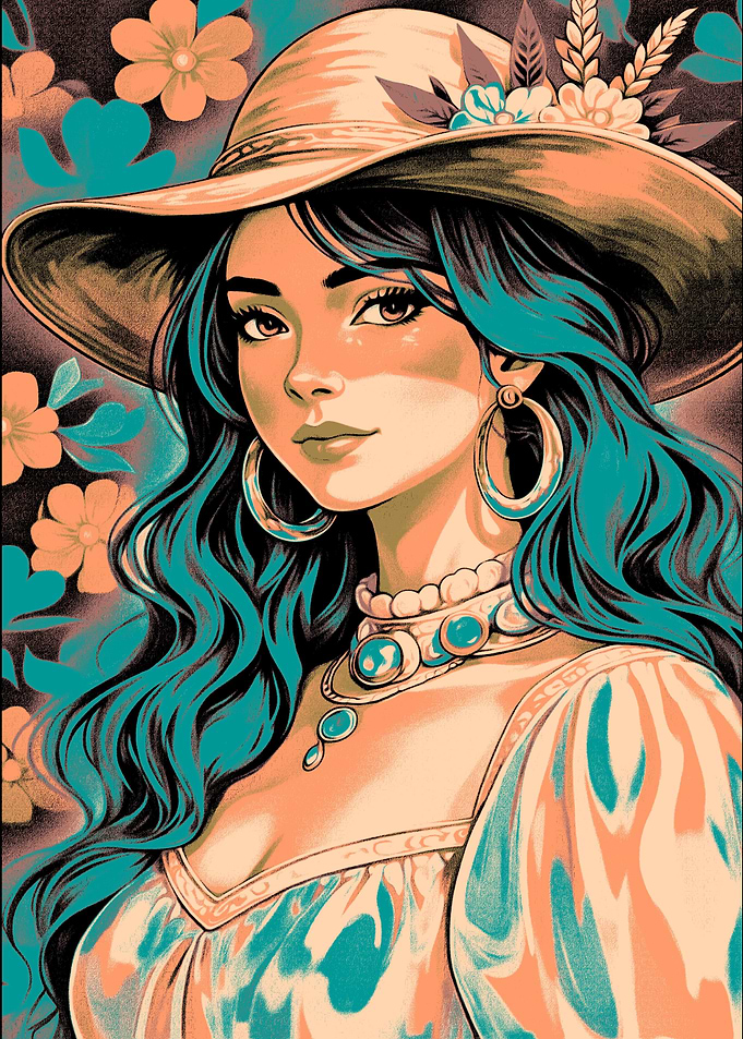 Elegant Woman with Hat and Flowers