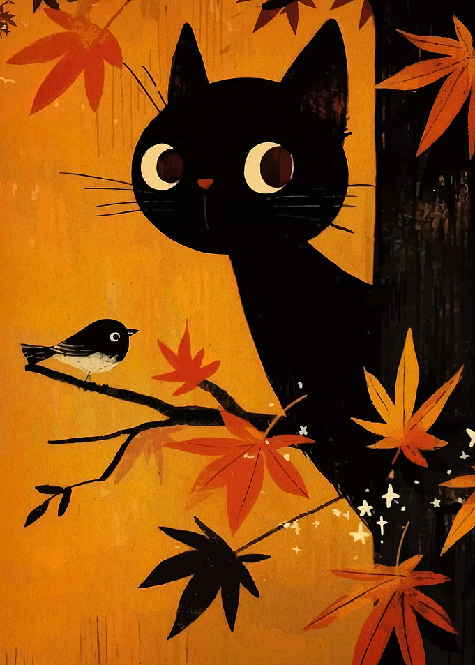 Black Cat and Bird in Autumn