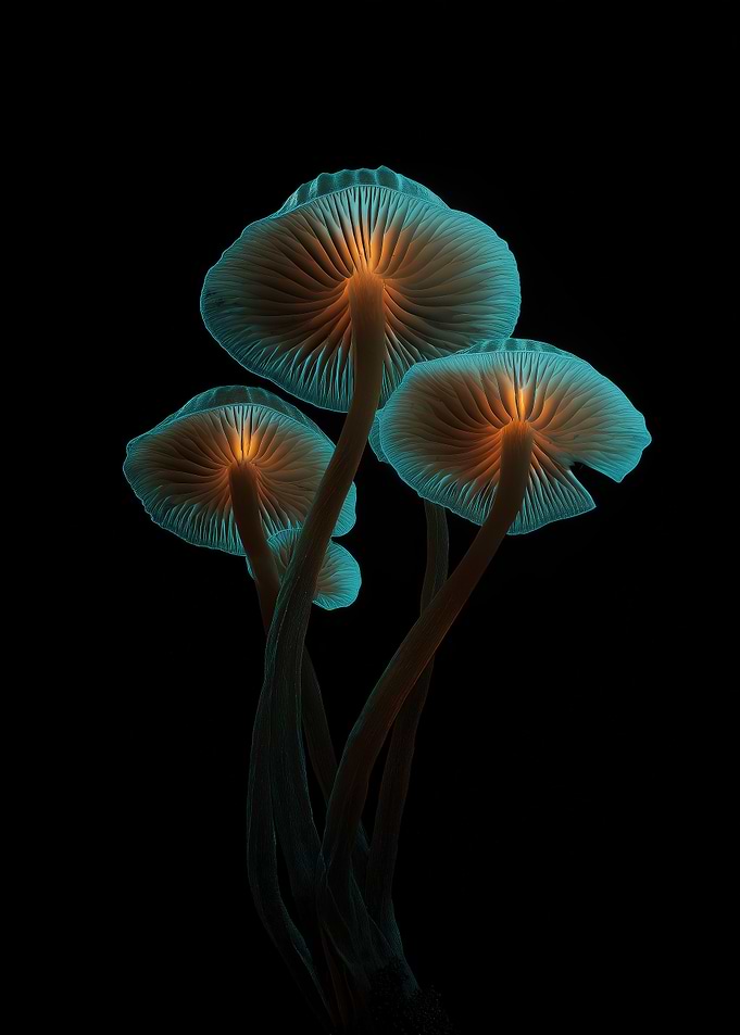 Glowing Mushrooms on Black Background