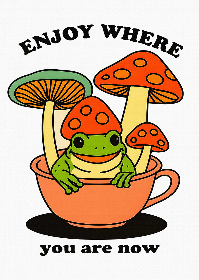 Frog in Teacup with Mushrooms