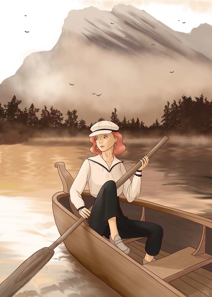 Woman Rowing Boat on Misty Lake