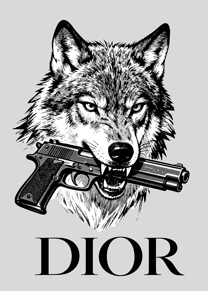 Wolf with Gun and Dior Text