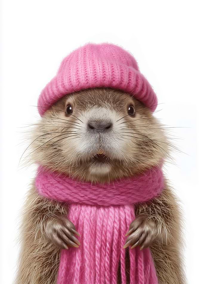 Cozy Cute Beaver with Pink Hat and Scarf