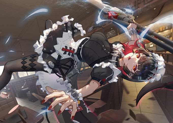 Anime Girl with Weapon in Cafe