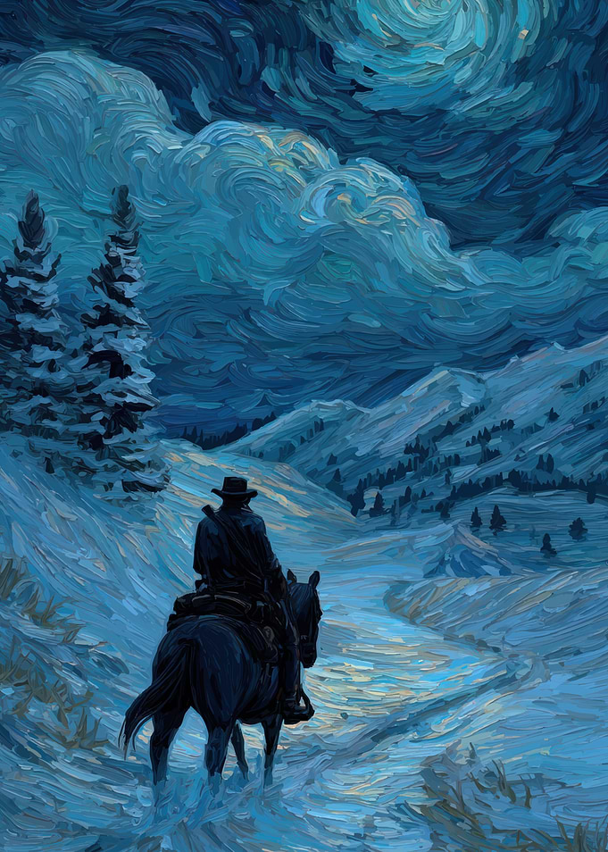 Cowboy on Horseback in Snowy Landscape