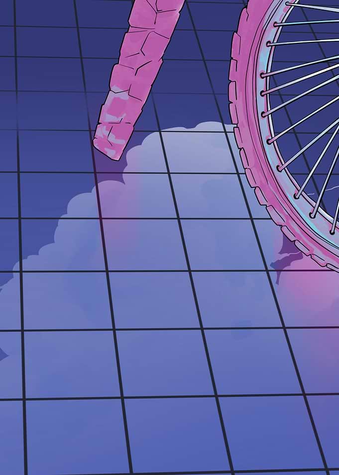 Pink Bicycle on Grid with Clouds