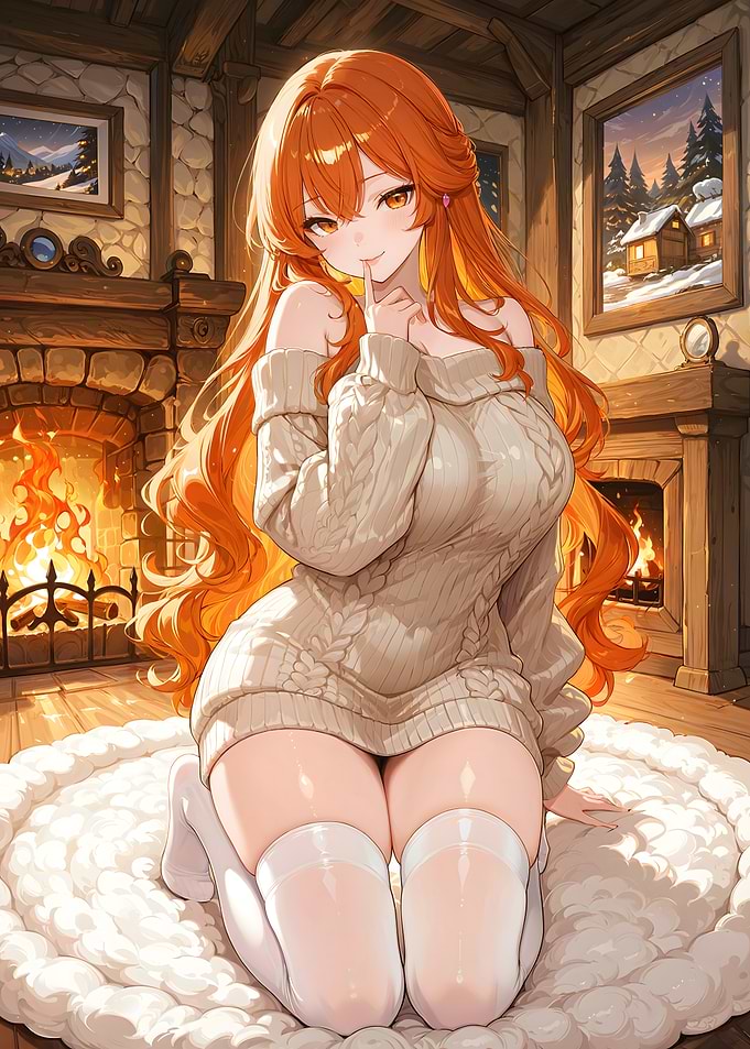 Redhead Anime Girl by the Fireplace