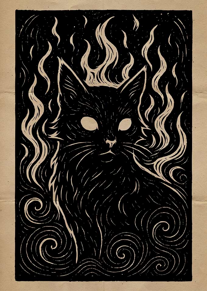 Black Cat Surrounded by Flames