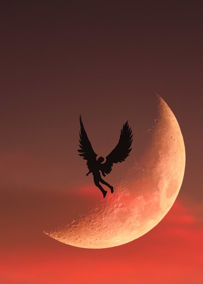 Winged Figure Silhouette on Crescent Moon