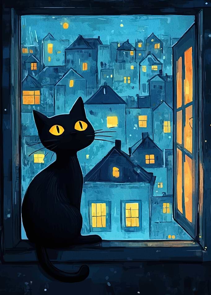 Black Cat Gazing at Cityscape