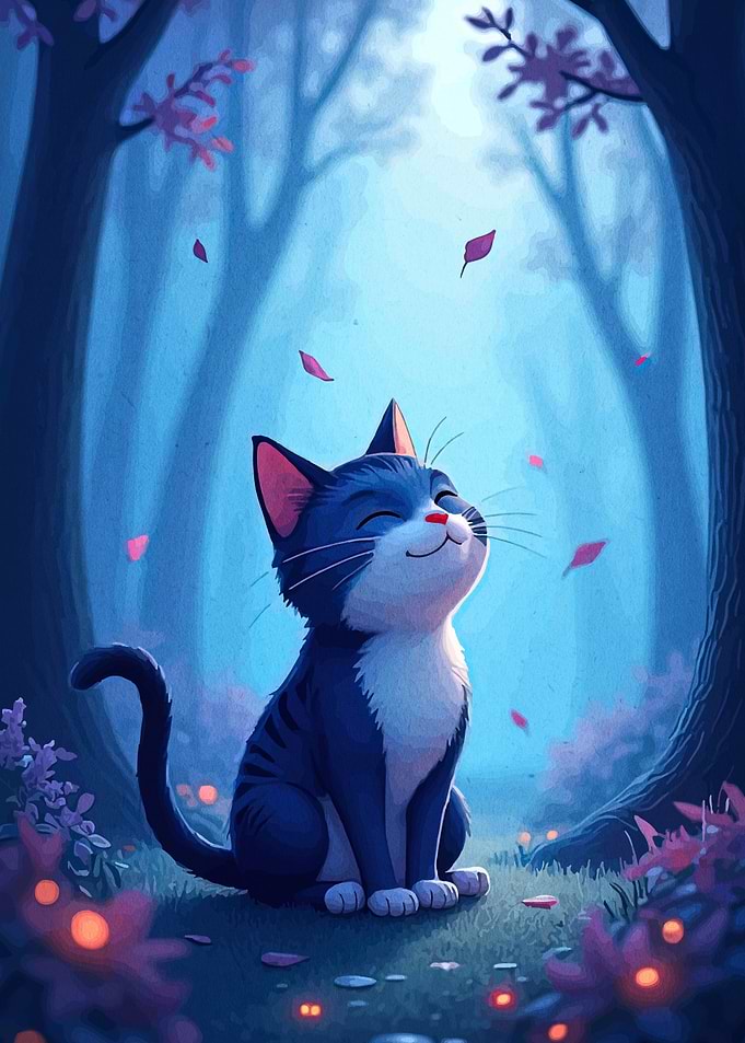Happy Cat in Forest Illustration