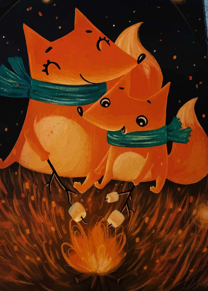 Fox Family Campfire Marshmallow Roasting