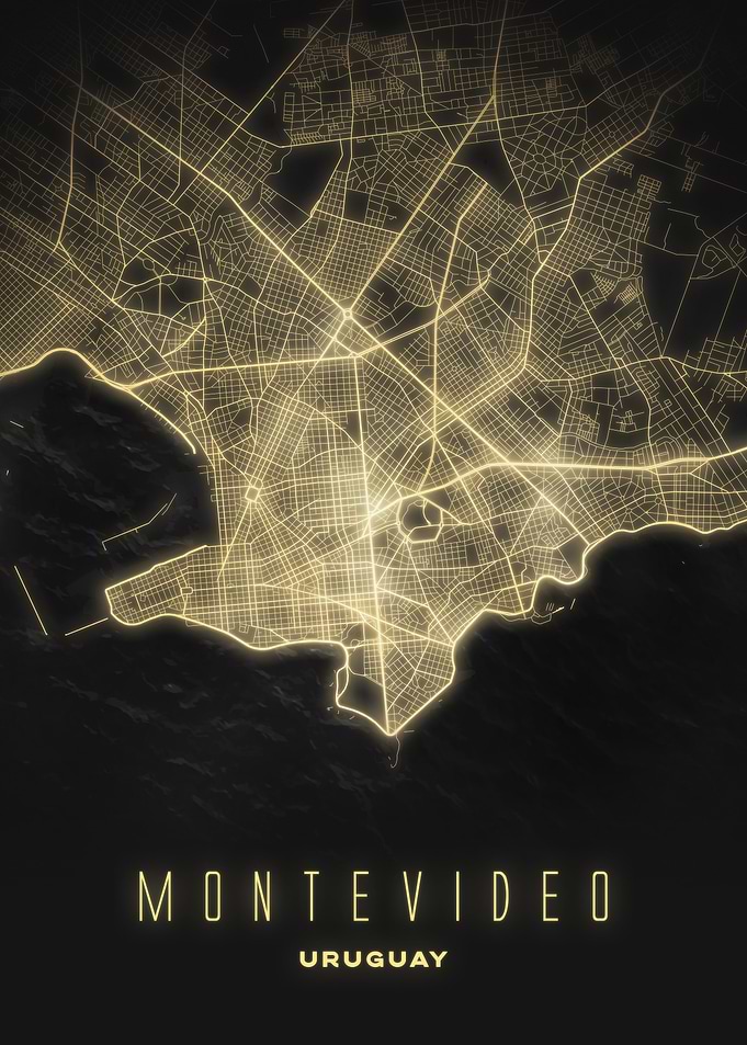 Montevideo, Uruguay - Luminous City Map Poster, Night Wall Print