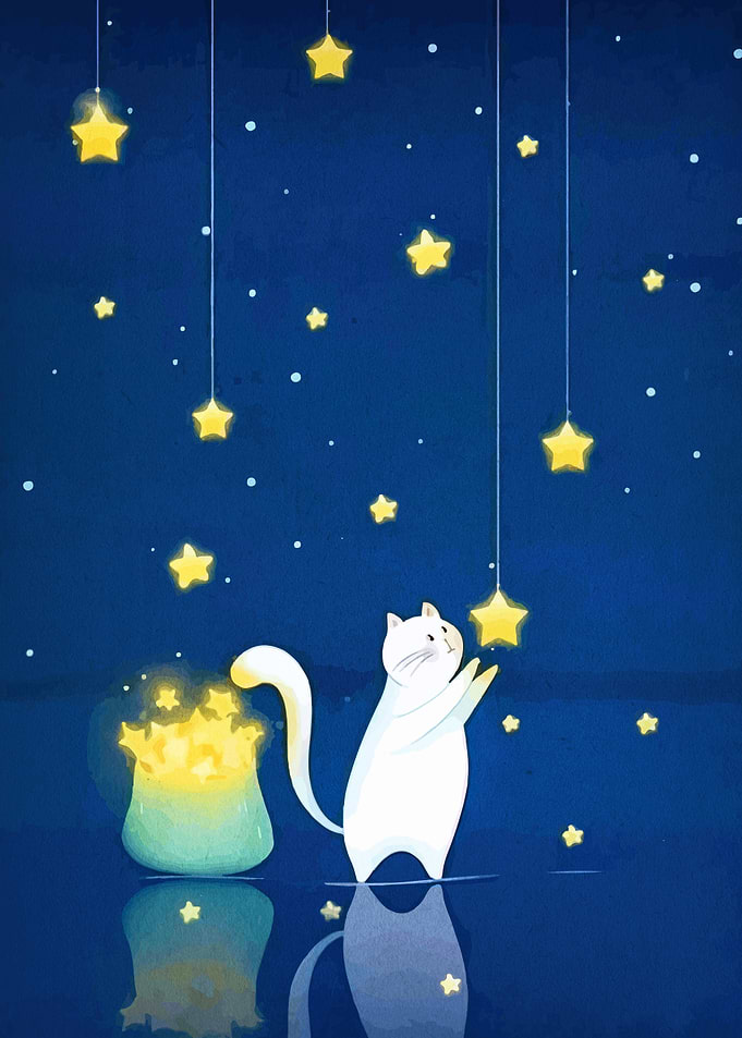 Cat Reaching for Stars Illustration