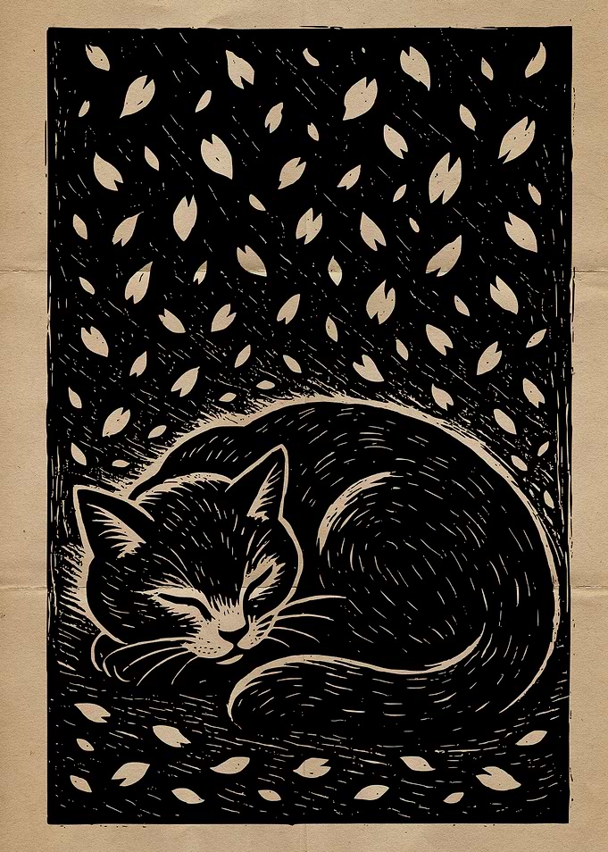 Sleeping Cat with Falling Petals
