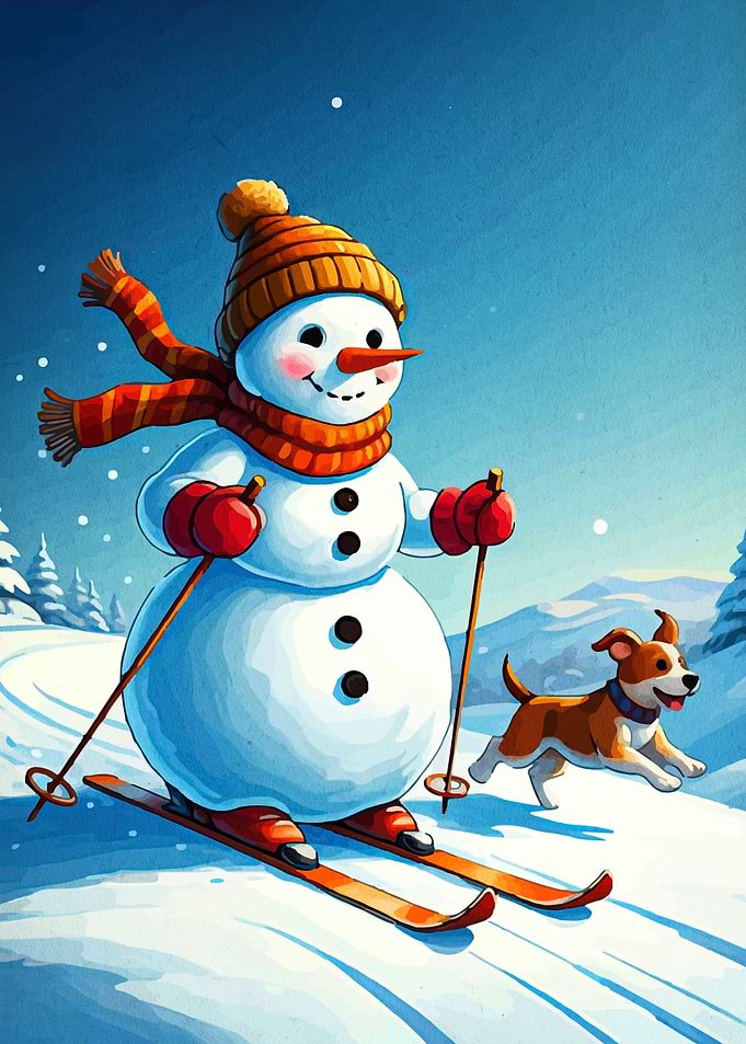 Snowman skiing with dog illustration