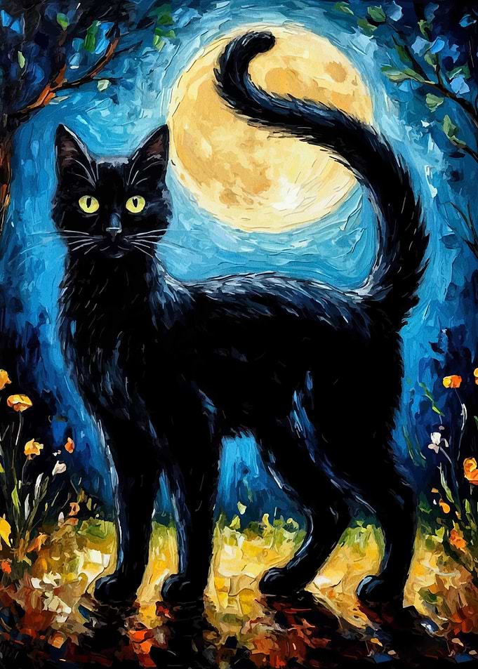 Black Cat Under Moonlight Painting
