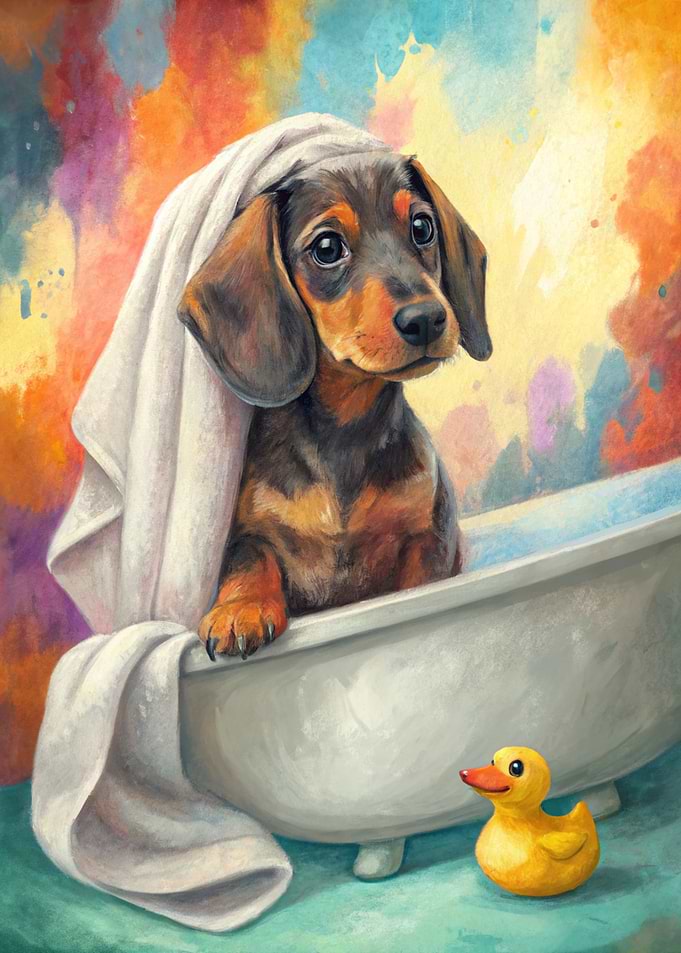 Dachshund Puppy in Bathtub with Duck