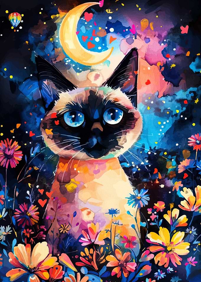 Siamese Cat in Floral Dreamscape