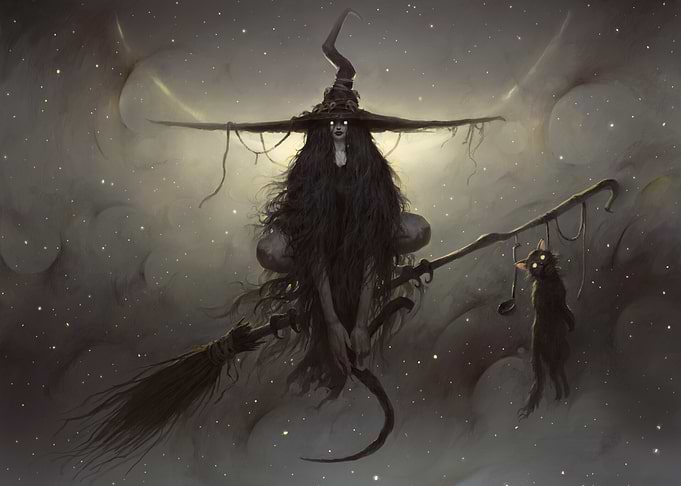 Witch on Broom with Black Cat