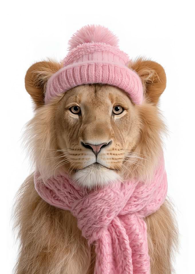Cozy Lion in Pink Winter Hat and Scarf