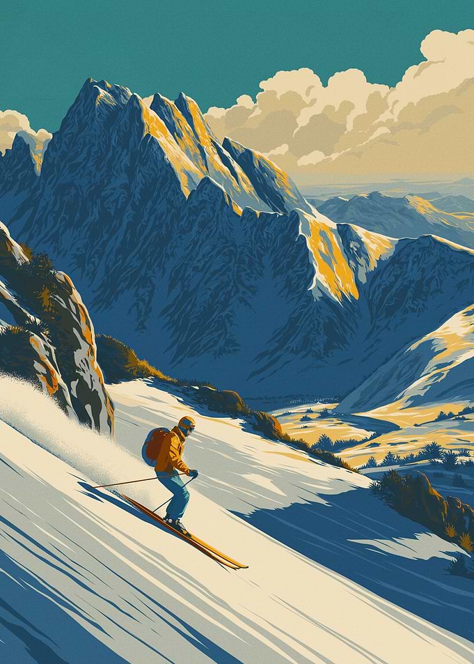 Skier in Mountain Illustration