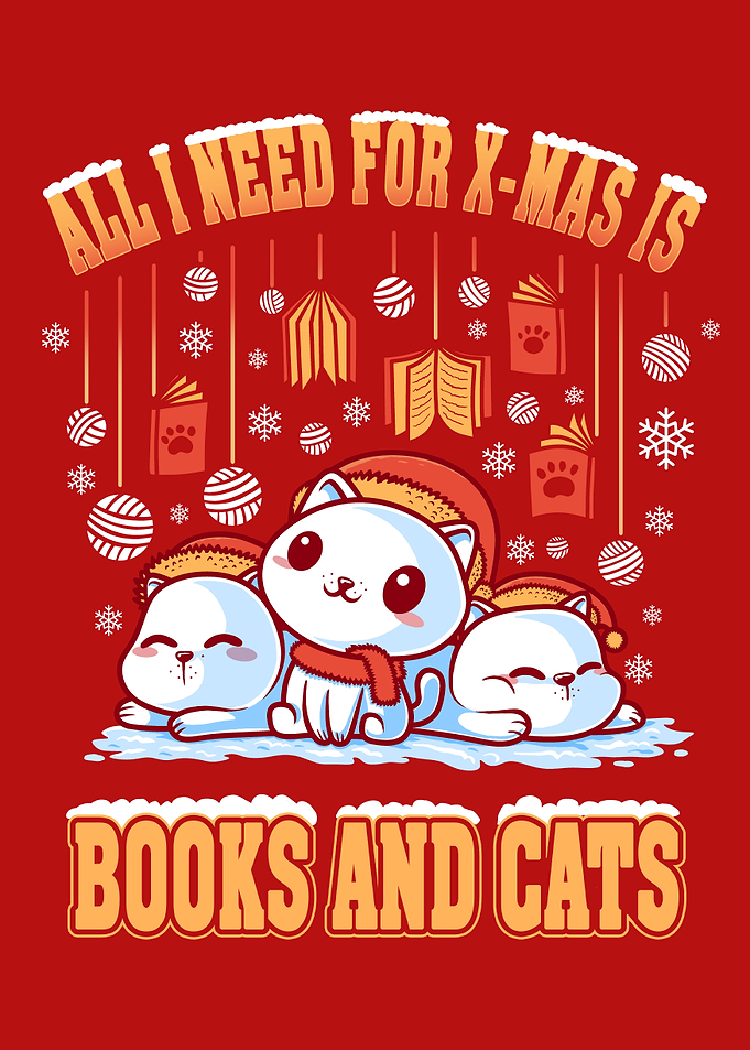 Books and Cats Christmas – Cute Cozy Kawaii Winter Kittens Art