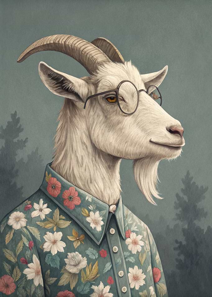 Goat with Glasses and Floral Shirt
