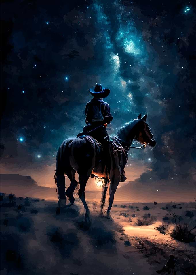 Cowboy on Horse Under Starry Sky