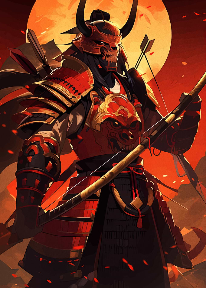 Red Samurai Archer with Horned Helmet