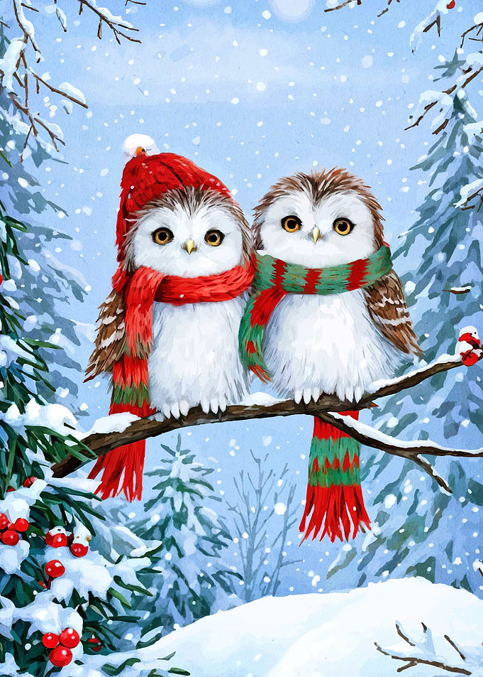 Winter Owls on Branch