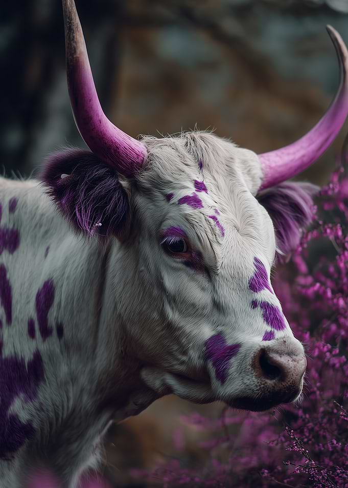Cow with purple spots and horns
