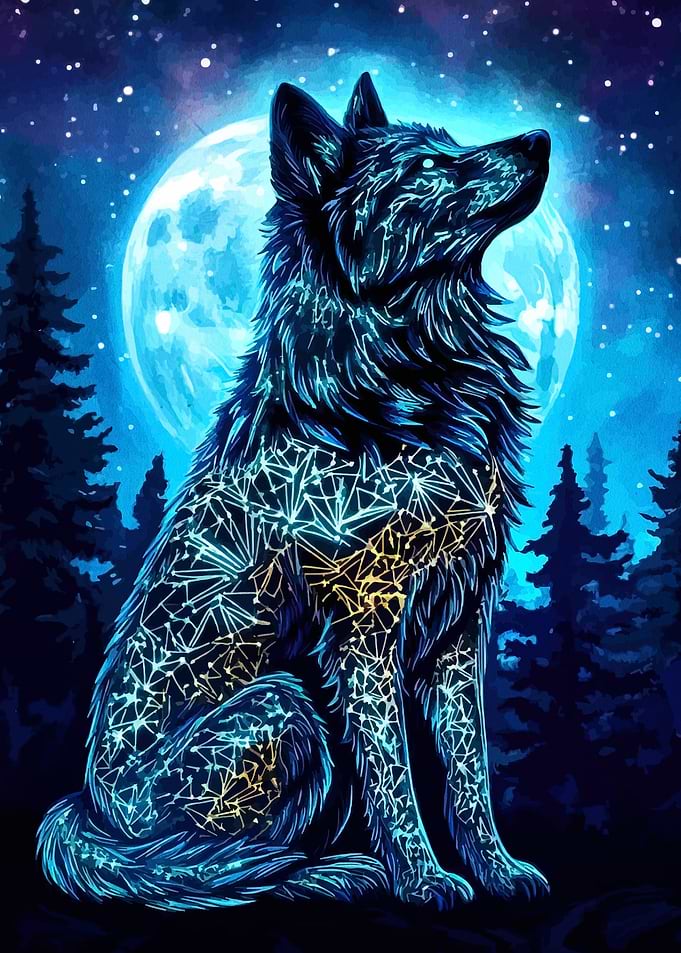 Digital Wolf Art Under Moonlight