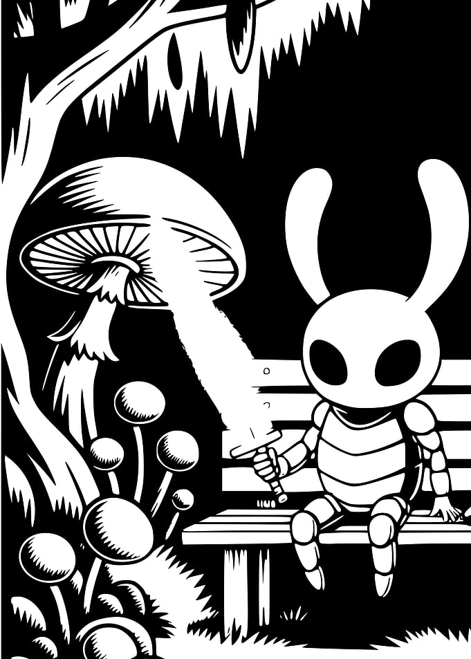 Hollow Knight on a bench