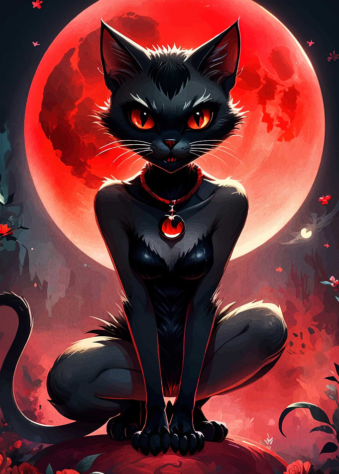 Anthropomorphic Black Cat with Red Moon