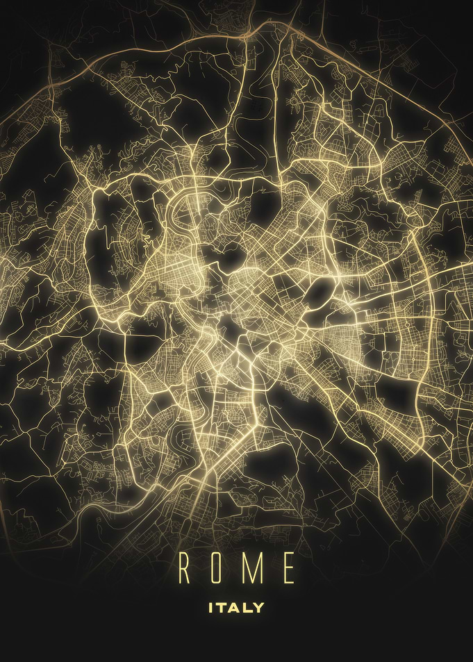 Rome, Italy - Glowing Night Map Poster, Elegant Urban Wall Decor