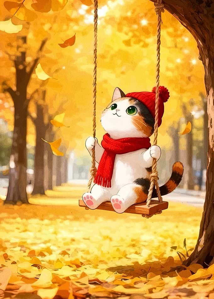 Cute Cat on Swing in Autumn