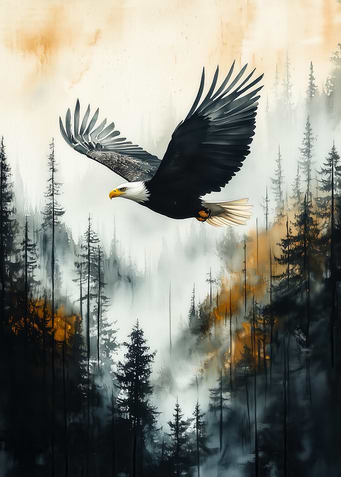 Bald Eagle Soaring Over Forest