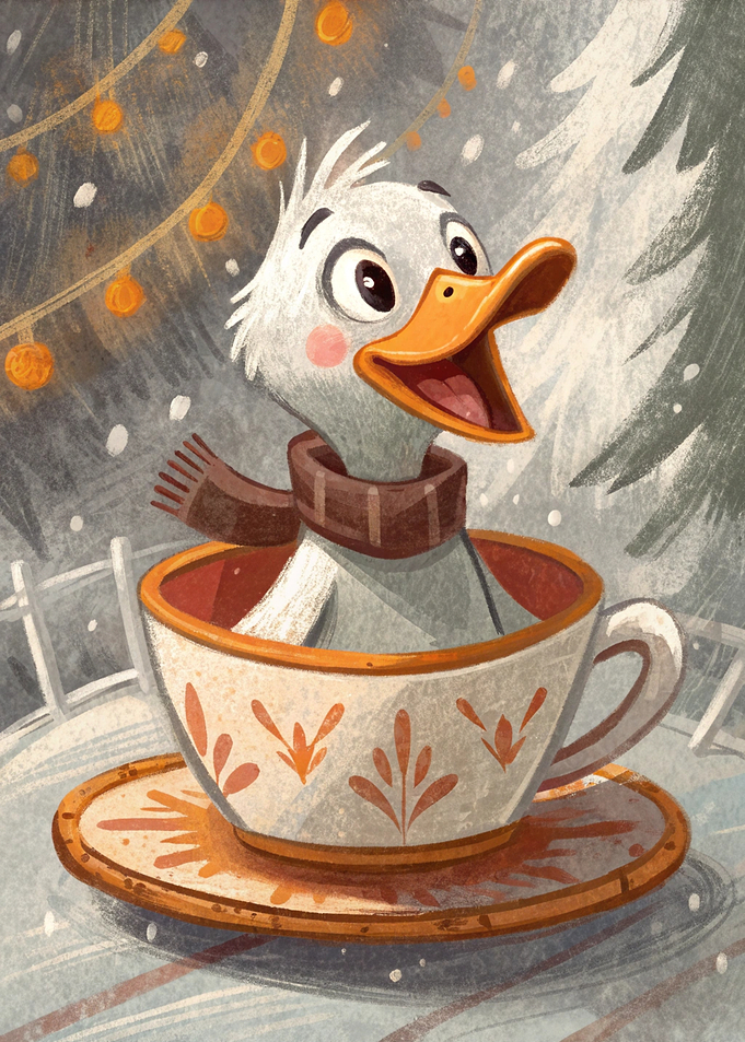 Duckling in Teacup Winter Scene