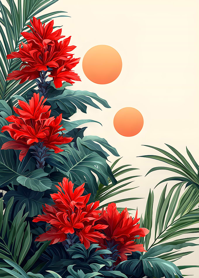Tropical Red Flowers and Green Leaves