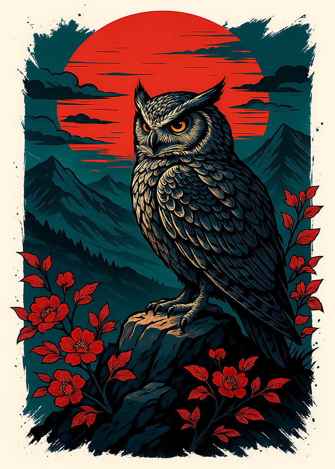 Owl and Red Moon Illustration