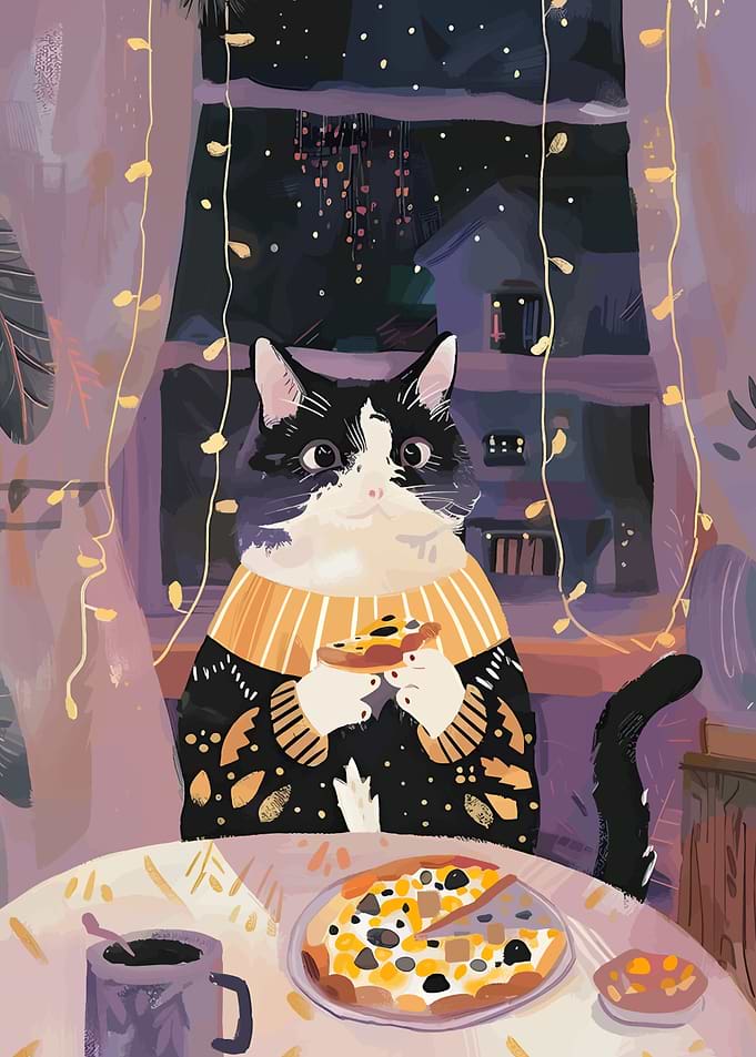 Cat eating pizza at night