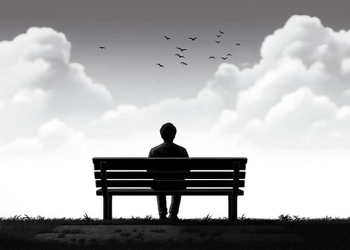Man on bench, birds flying above