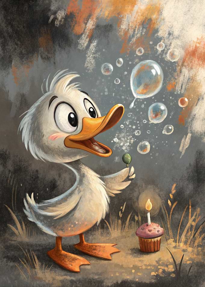 Cartoon Duck with Bubbles and Cupcake