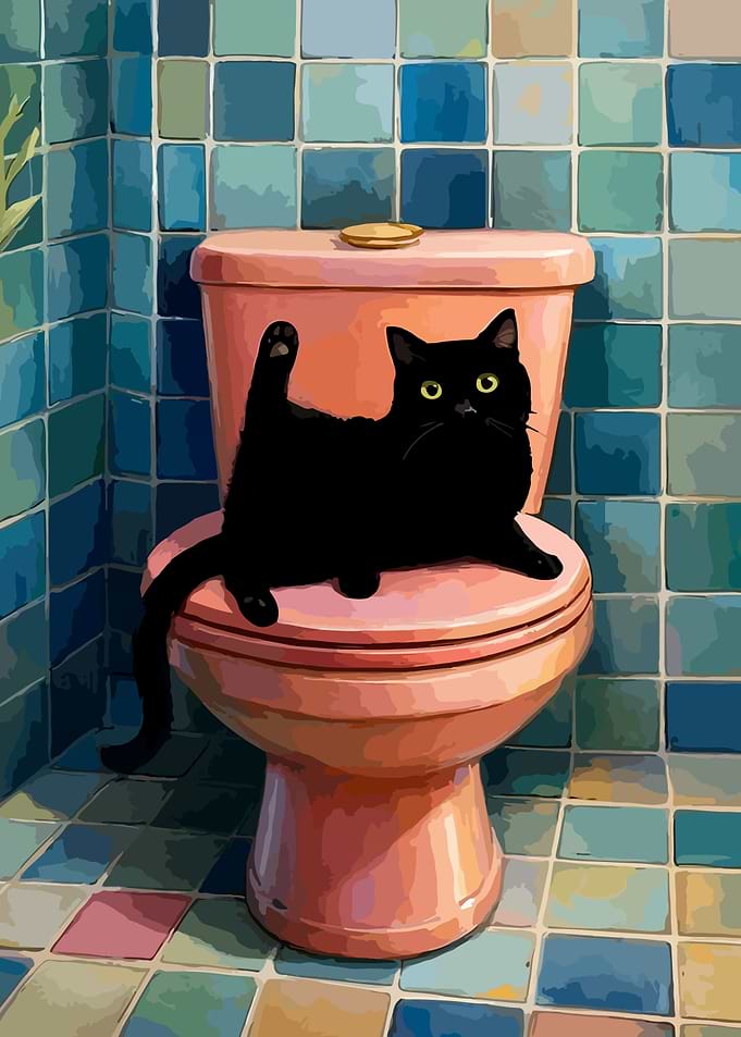 Black Cat on Pink Toilet